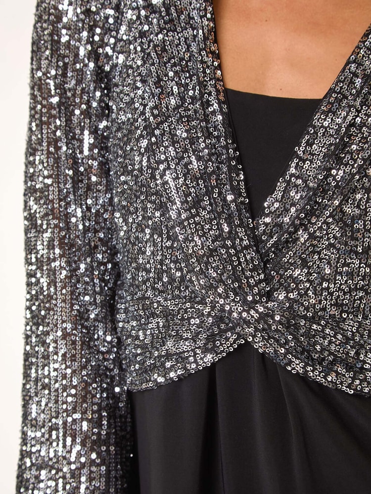 Roman Metallic Sequin Bodice V-Neck Stretch Top - Image 5 of 5