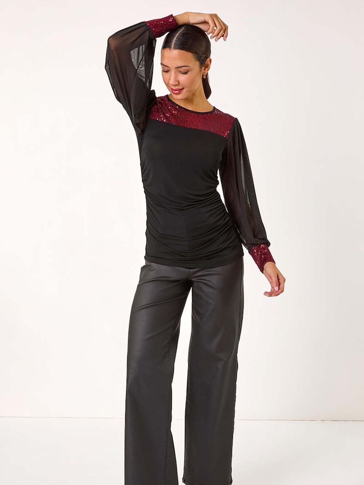 Roman Red Sequin Yoke Mesh Sleeve Top - Image 1 of 5