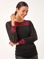 Roman Red Sequin Yoke Mesh Sleeve Top - Image 2 of 5