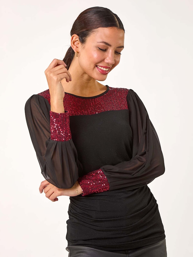 Roman Red Sequin Yoke Mesh Sleeve Top - Image 2 of 5
