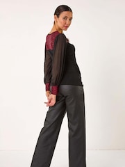 Roman Red Sequin Yoke Mesh Sleeve Top - Image 3 of 5