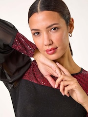 Roman Red Sequin Yoke Mesh Sleeve Top - Image 4 of 5