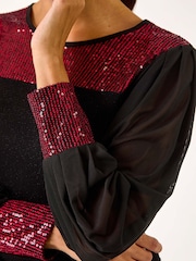 Roman Red Sequin Yoke Mesh Sleeve Top - Image 5 of 5