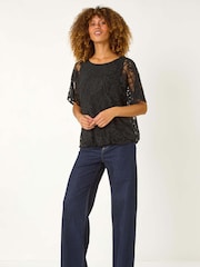 Roman Black Rose Print Burnout Mesh Top - Image 2 of 5