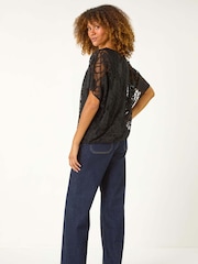 Roman Black Rose Print Burnout Mesh Top - Image 3 of 5