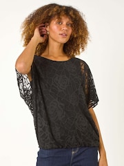 Roman Black Rose Print Burnout Mesh Top - Image 4 of 5
