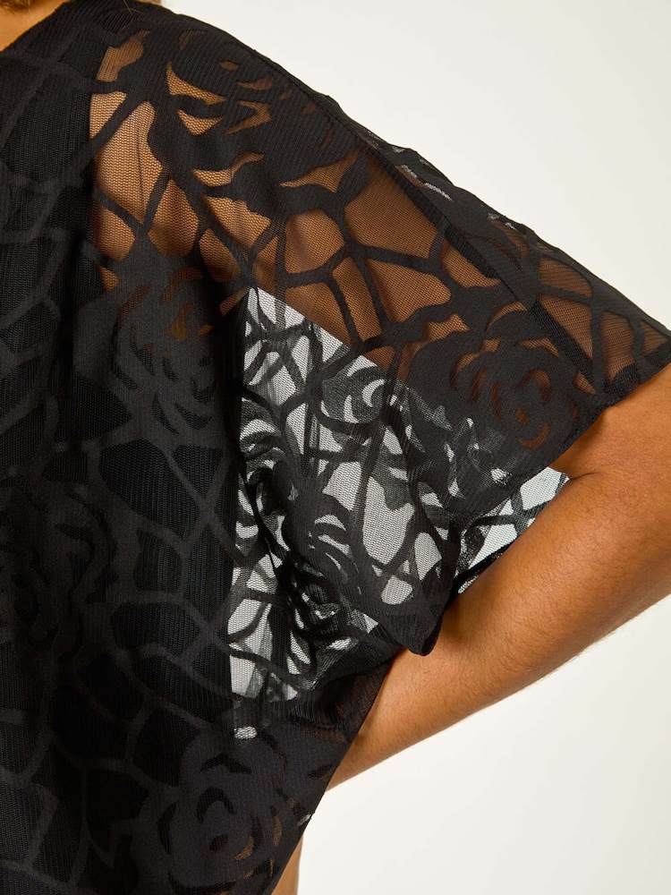 Roman Black Rose Print Burnout Mesh Top - Image 5 of 5