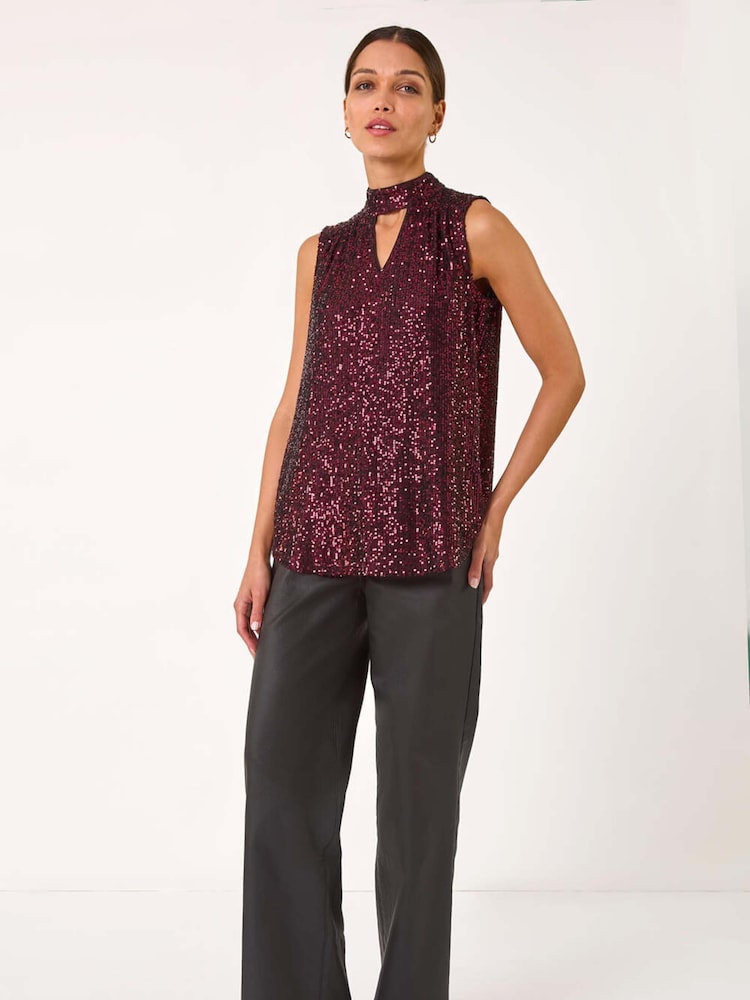 Roman Red Sequin High Neck Keyhole Top - Image 2 of 5