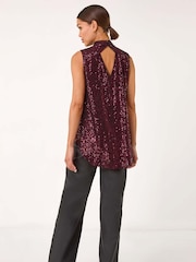 Roman Red Sequin High Neck Keyhole Top - Image 3 of 5