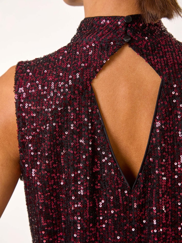 Roman Red Sequin High Neck Keyhole Top - Image 5 of 5