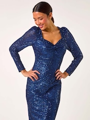 Roman Blue Sequin Sweetheart Stretch Midi Dress - Image 4 of 5