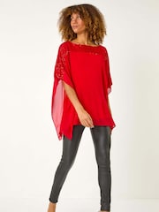Roman Red Sequin Yoke Contrast Chiffon Top - Image 2 of 5