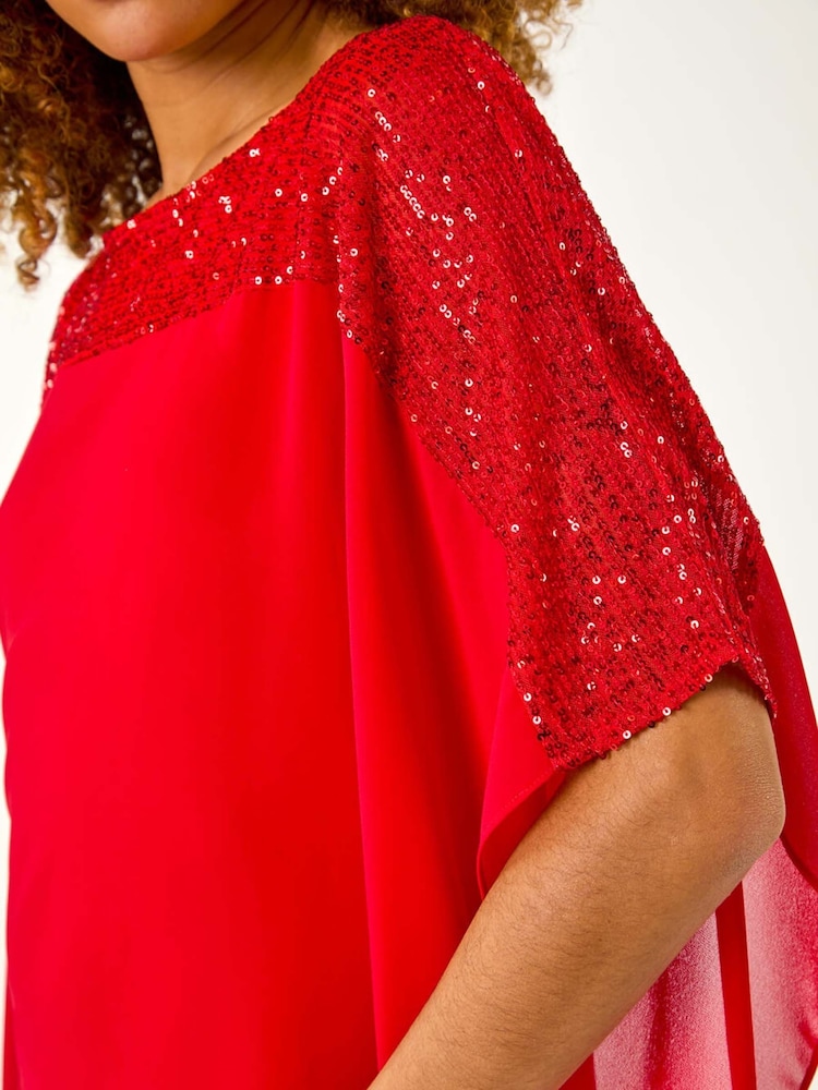 Roman Red Sequin Yoke Contrast Chiffon Top - Image 5 of 5 Roman Red Sequin Yoke Contrast Chiffon Top - Image 5 of 5