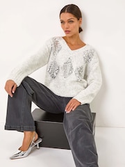 Roman Grey Sequin Detail V-Neck Knit Jumper - Image 2 of 5