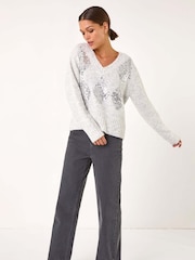 Roman Grey Sequin Detail V-Neck Knit Jumper - Image 3 of 5