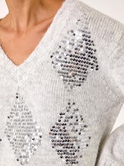 Roman Grey Sequin Detail V-Neck Knit Jumper - Image 5 of 5