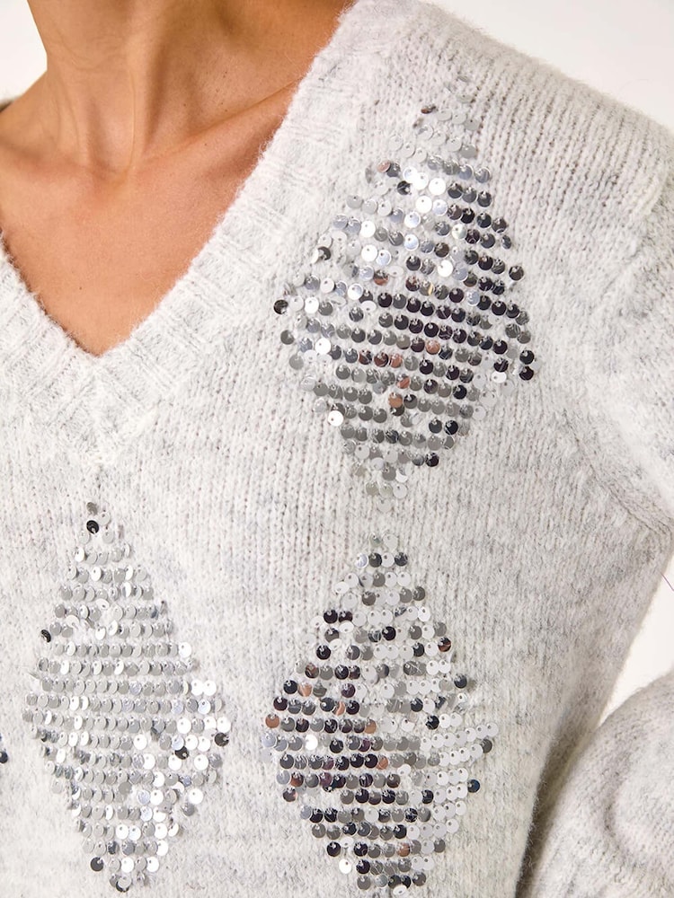 Roman Grey Sequin Detail V-Neck Knit Jumper - Image 5 of 5