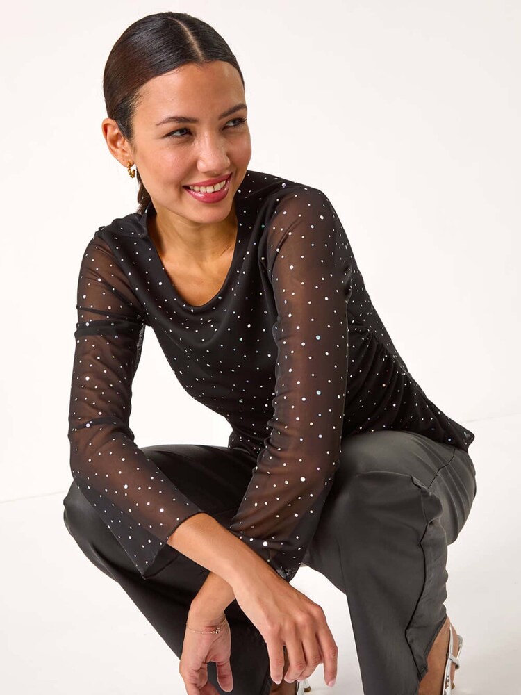 Roman Black Sequin Spot Mesh Ruched Top - Image 1 of 5