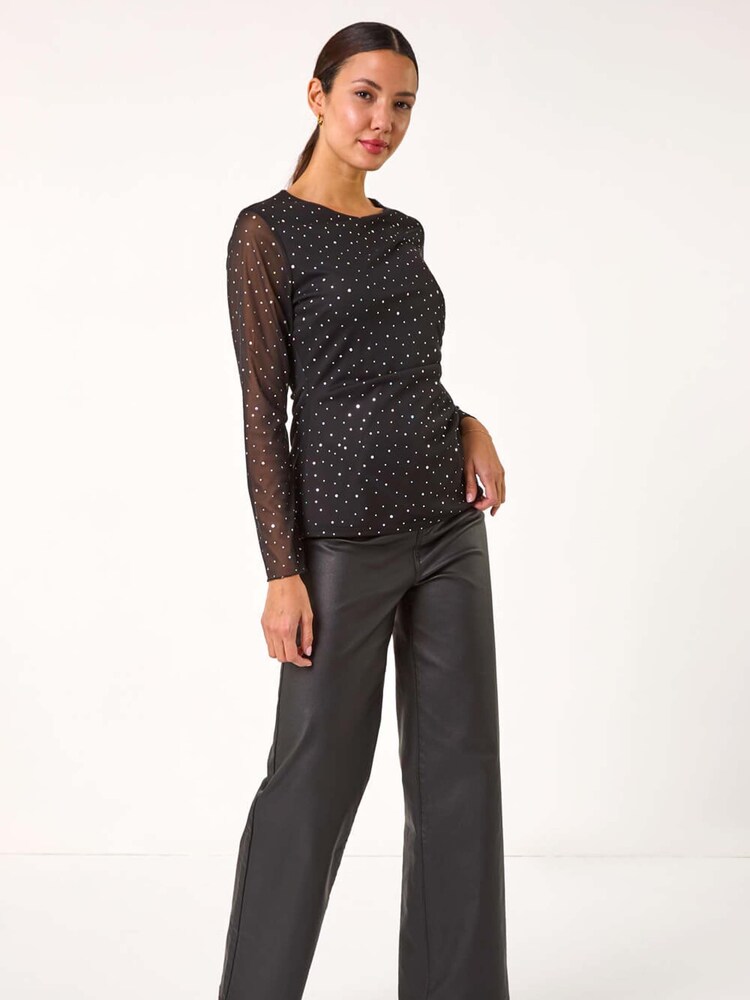 Roman Black Sequin Spot Mesh Ruched Top - Image 2 of 5