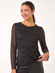 Roman Black Sequin Spot Mesh Ruched Top - Image 4 of 5