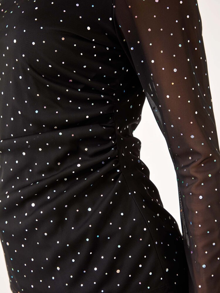 Roman Black Sequin Spot Mesh Ruched Top - Image 5 of 5