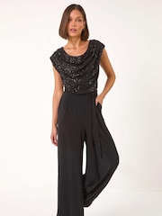 Roman Black Sequin Bodice Cowl Neck Jumpsuit - Image 1 of 5