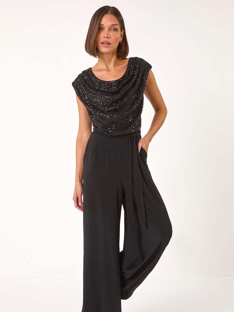Roman Black Sequin Bodice Cowl Neck Jumpsuit - Image 1 of 5 Roman Black Sequin Bodice Cowl Neck Jumpsuit - Image 1 of 5