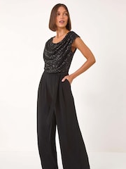 Roman Black Sequin Bodice Cowl Neck Jumpsuit - Image 2 of 5