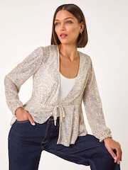 Roman Metallic Sequin Tie Front Stretch Cardigans - Image 1 of 5
