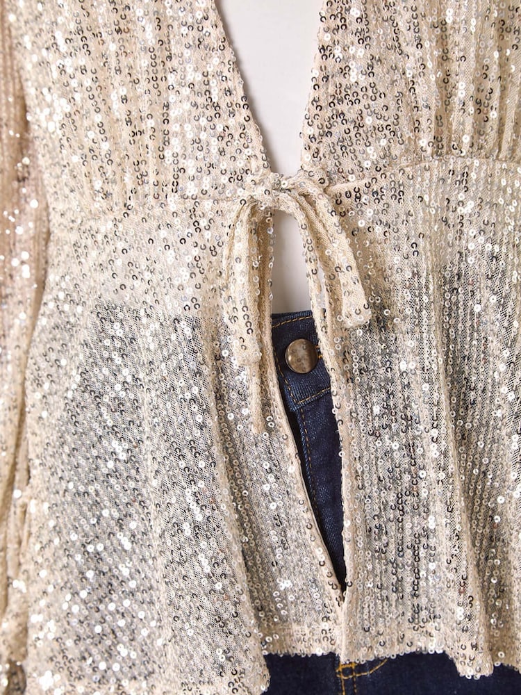 Roman Metallic Sequin Tie Front Stretch Cardigans - Image 5 of 5