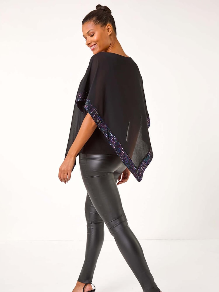 Roman Purple/Black Sequin Hem Overlay Stretch Top - Image 3 of 5