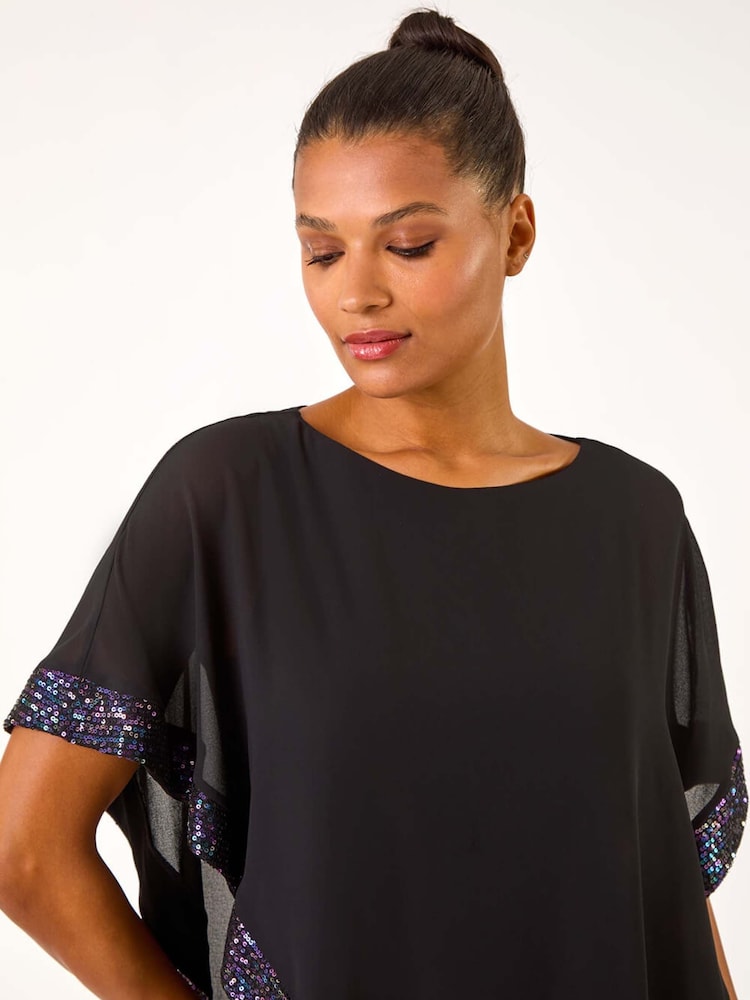 Roman Purple/Black Sequin Hem Overlay Stretch Top - Image 4 of 5