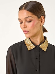 Roman Black Sequin Collared Shirt - Image 1 of 5