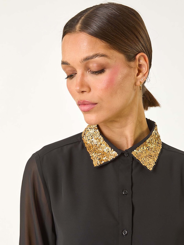 Roman Black Sequin Collared Shirt - Image 1 of 5