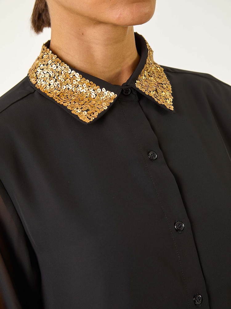 Roman Black Sequin Collared Shirt - Image 5 of 5