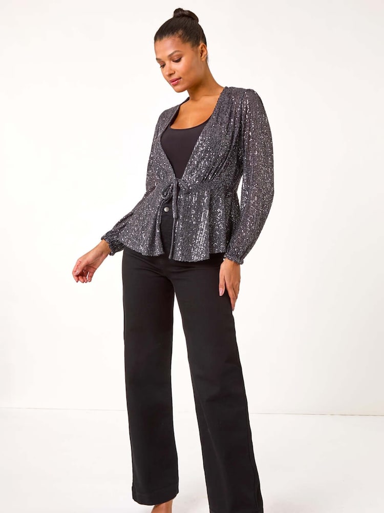 Roman Grey Sequin Tie Front Stretch Cardigans - Image 2 of 5