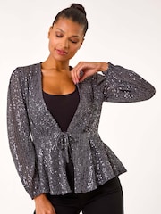 Roman Grey Sequin Tie Front Stretch Cardigans - Image 4 of 5