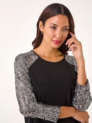 Roman Metallic Sequin Sleeve Tunic Stretch Top - Image 1 of 5