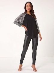 Roman Metallic Sequin Sleeve Tunic Stretch Top - Image 2 of 5