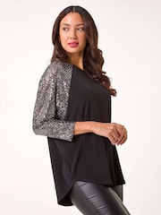 Roman Metallic Sequin Sleeve Tunic Stretch Top - Image 4 of 5
