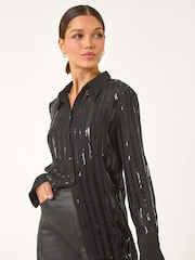 Roman Black Sequin Stripe Button Shirt - Image 1 of 5