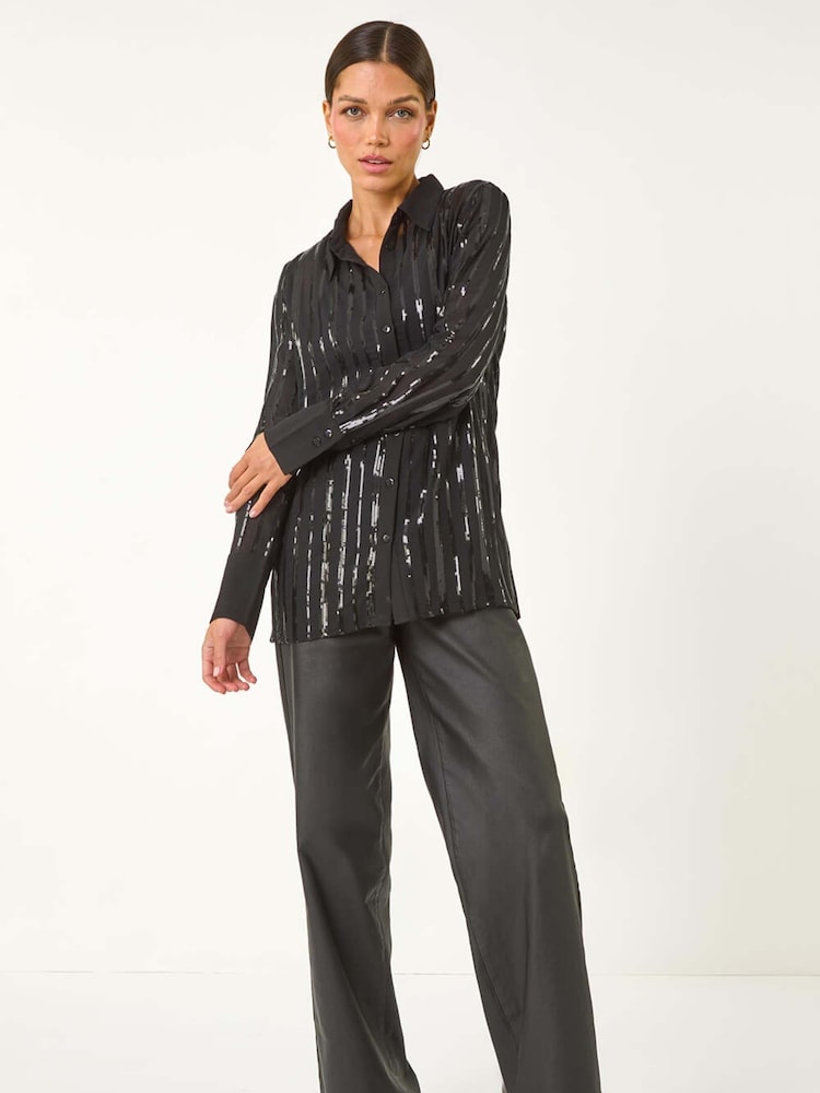 Roman Black Sequin Stripe Button Shirt - Image 2 of 5