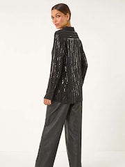 Roman Black Sequin Stripe Button Shirt - Image 3 of 5