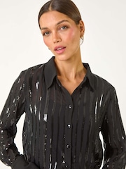 Roman Black Sequin Stripe Button Shirt - Image 4 of 5