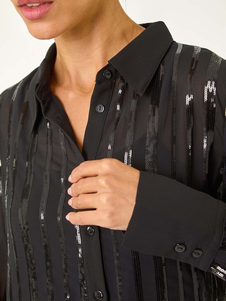 Roman Black Sequin Stripe Button Shirt - Image 5 of 5