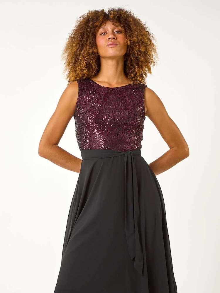 Roman Purple Sequin Bodice Betlted Chiffon Dress - Image 1 of 5