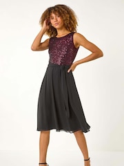 Roman Purple Sequin Bodice Betlted Chiffon Dress - Image 3 of 5