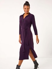 Roman Purple V-Neck Belted Shirt Midi Dress - Image 1 of 5