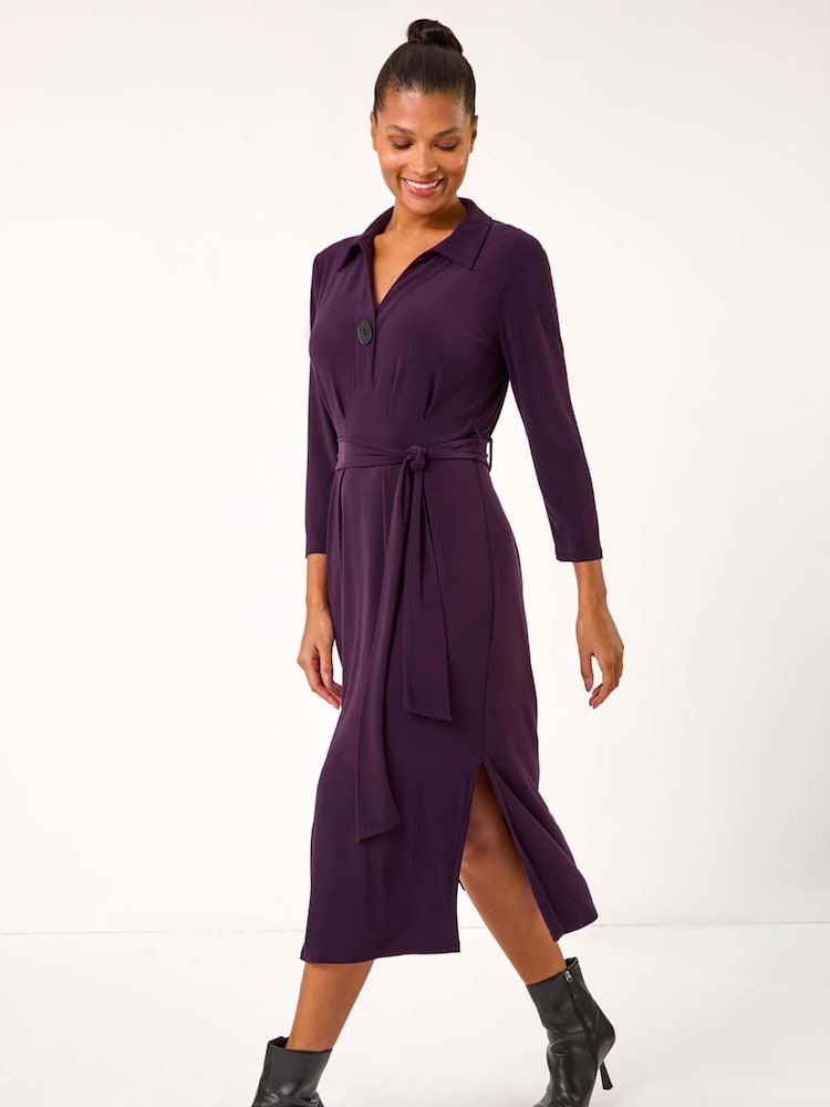 Roman Purple V-Neck Belted Shirt Midi Dress - Image 1 of 5