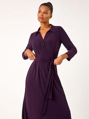 Roman Purple V-Neck Belted Shirt Midi Dress - Image 2 of 5